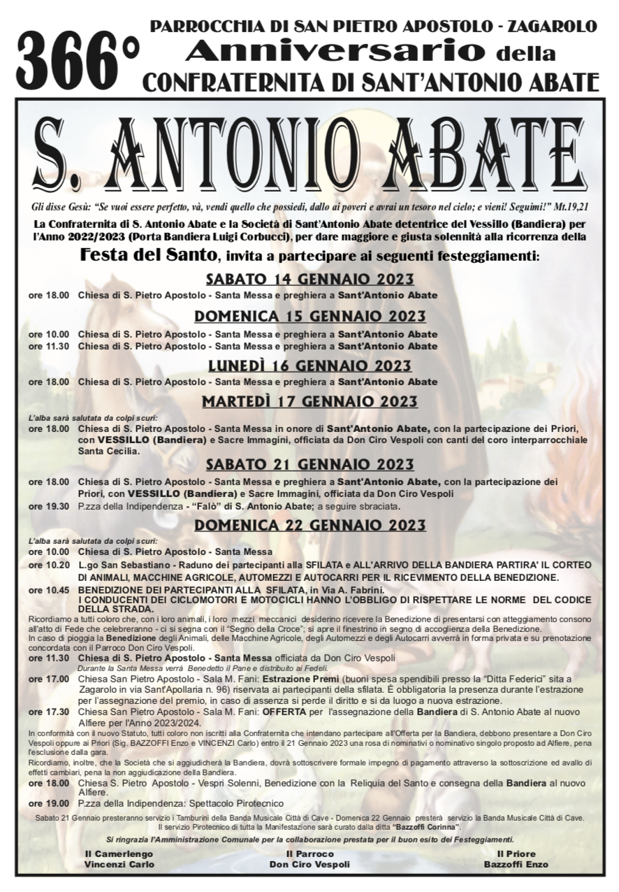 FESTEGGIAMENTI DI SANT'ANTONIO ABATE - IL CALENDARIO COMPLETO, DA SABATO 14 GENNAIO